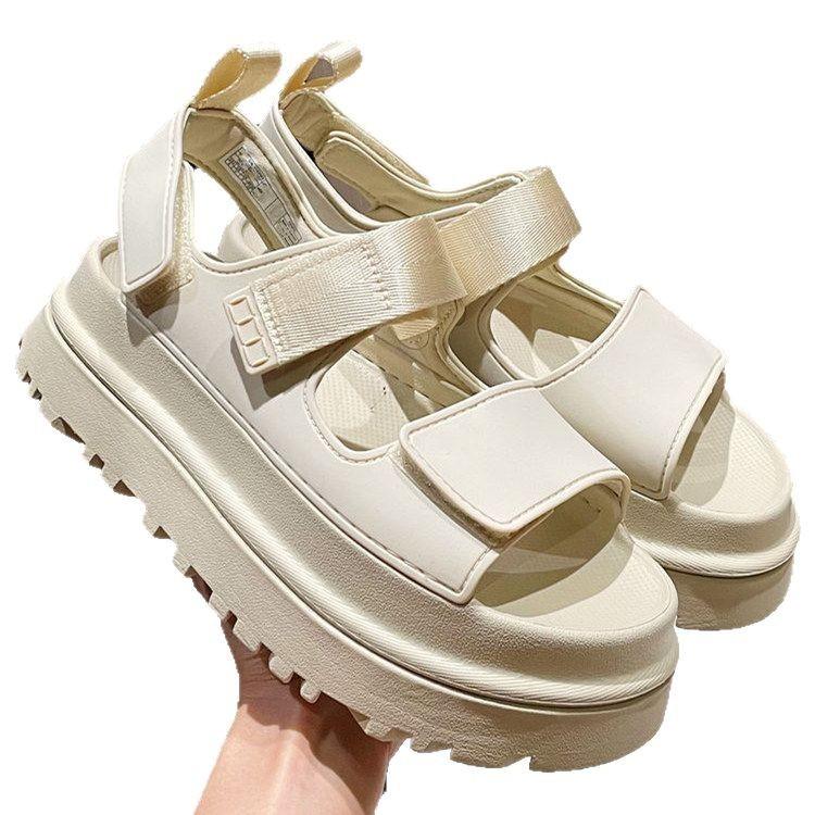 2025 European and American summer new fashionable and comfortable versatile flat bottom thick bottom round head Velcro solid color casual sandals