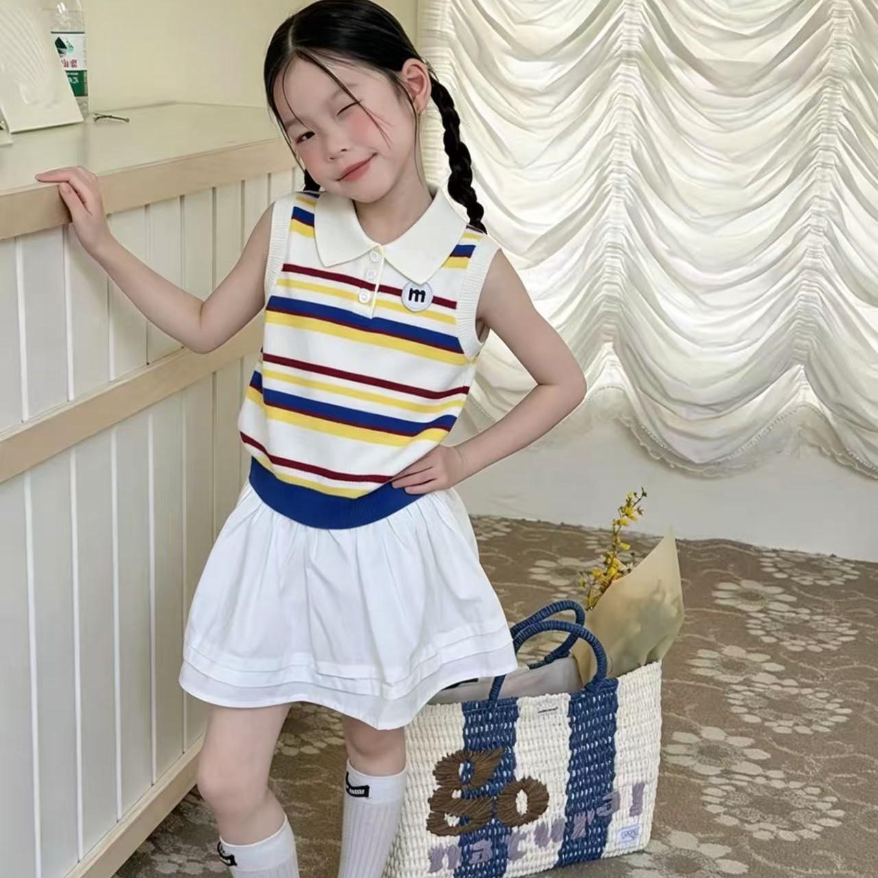 Kids Retro Striped Knit Polo Vest Sleeveless Cardigan Stylish Outerwear 90