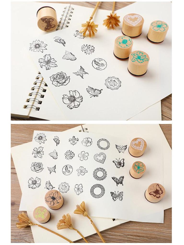 Creative Wooden Journal Stamp Set - Handmade DIY Round Lace Edge Butterfly Design