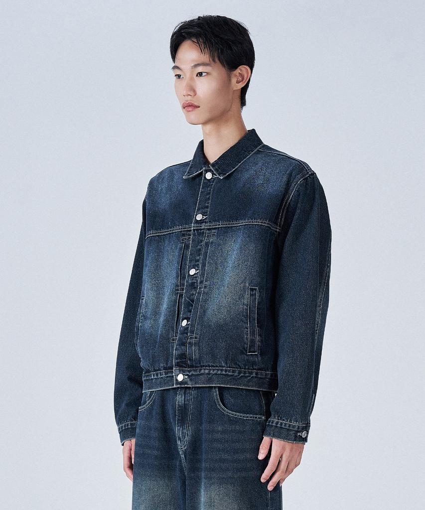 PROJECT3 Washed Denim Trucker Jacket [Dark Blue]_Tj0913