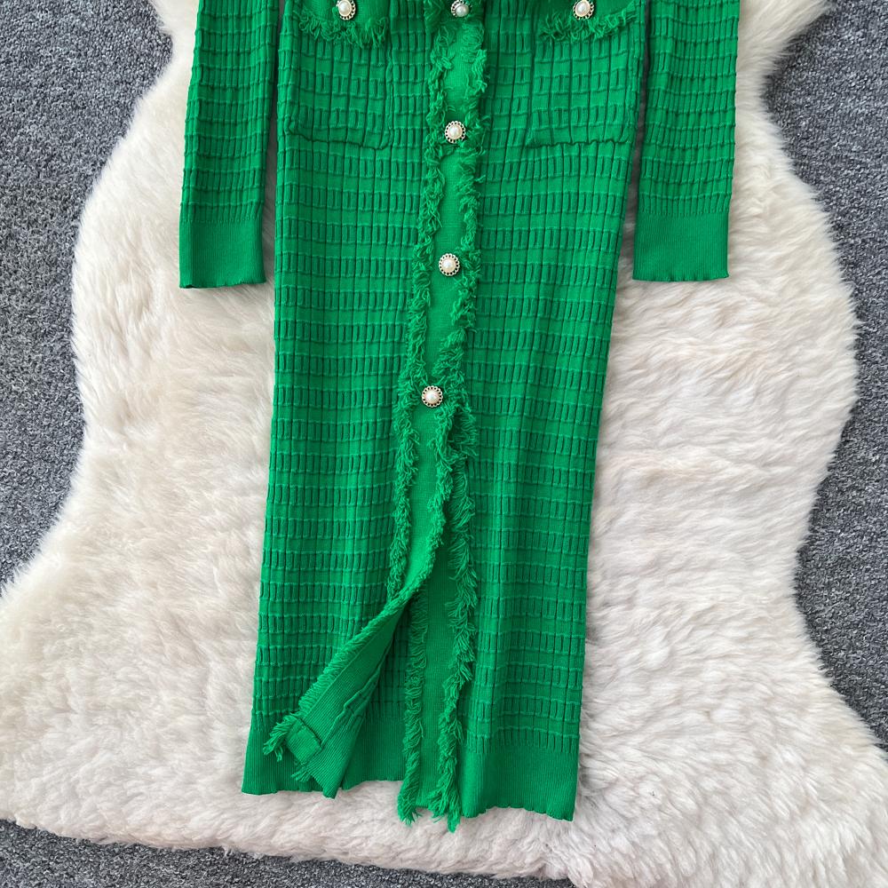 Neue Damenkleider Herbst Winter Vintage Patchwork Strick-Midikleid Elegant V-Ausschnitt Damen Rüschenhemd Pulloverkleid