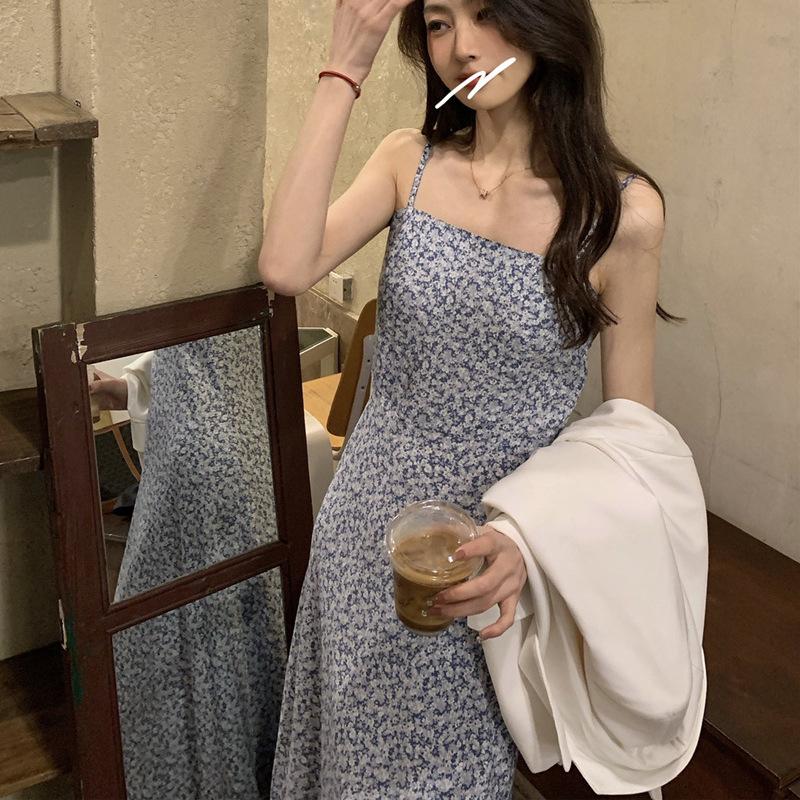 Fresh Mori style floral suspender slim dress women's summer sexy and thin one-word collar A-word medium and long skirt