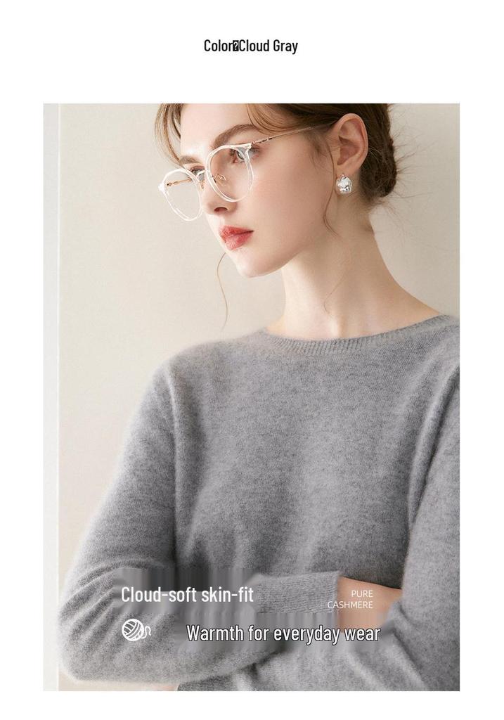 Women's Versatile 100% Cashmere Sweater – Round Neck, Loose Knit Base Layer for Autumn/Winter