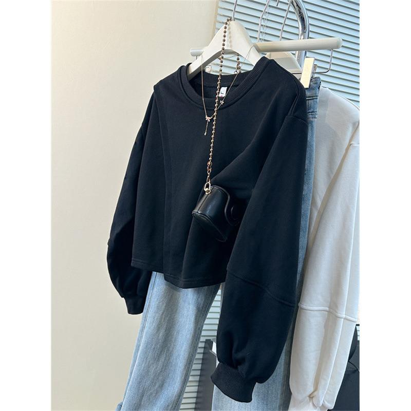 New Round Neck Without Hat Long-sleeved Sweater Women's Loose Short Top In the Real Auction Season