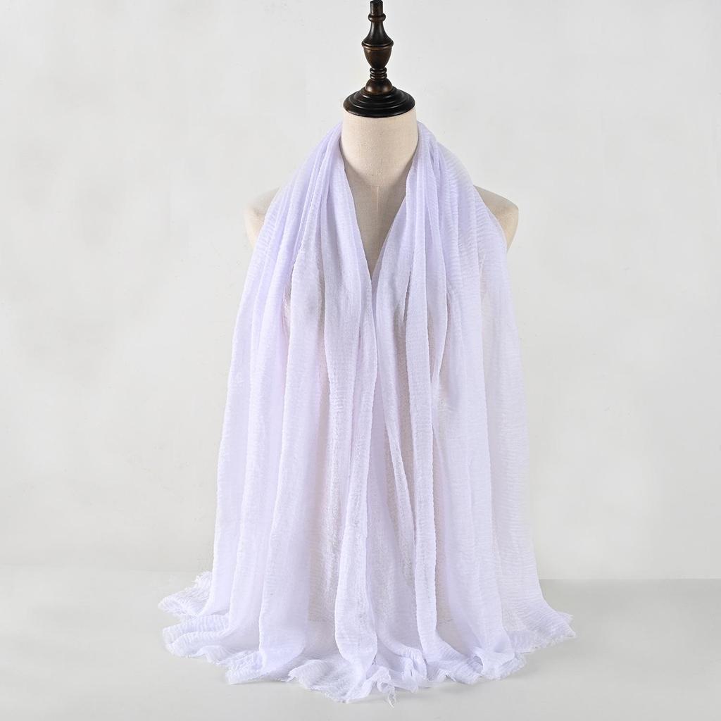 Crinkled Cotton-Linen Blend Scarf with Fringe - Solid Color, 90x180cm, Women's Headscarf