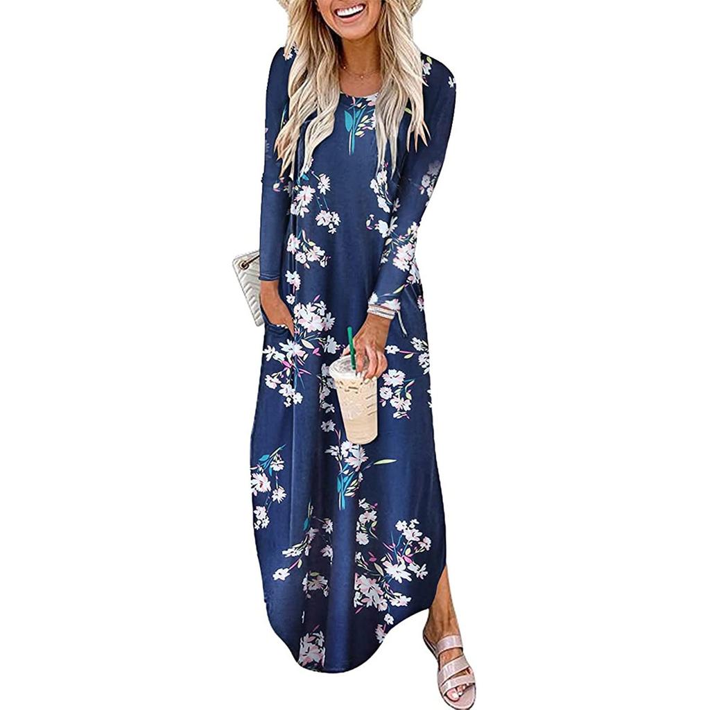 Robe longue ample à manches longues pour femmes, mode, col rond, poche fendue, robe pour dames