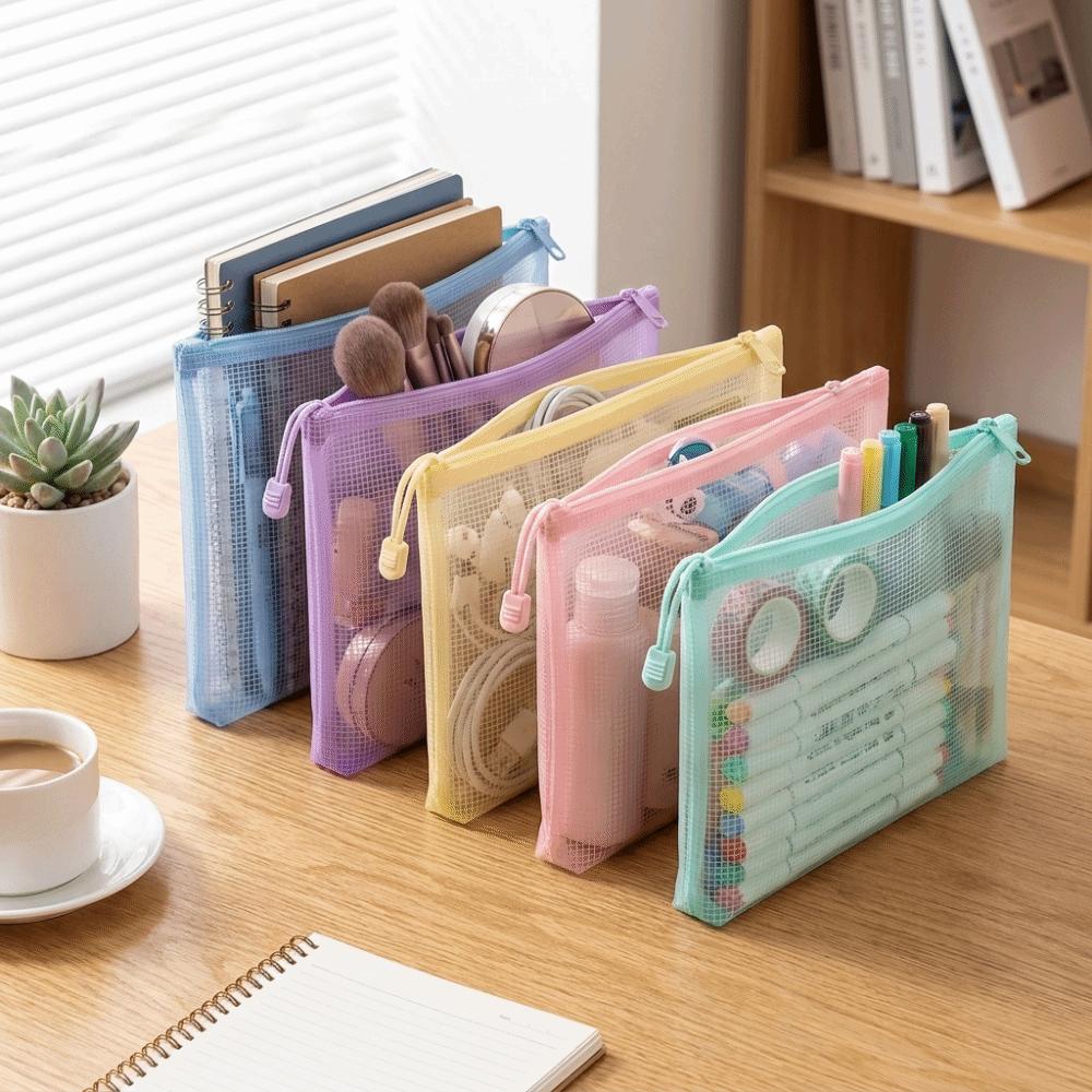 Clear Mesh Zipper Bags Waterproof File Pouch Essential Document Storage Bag Homework