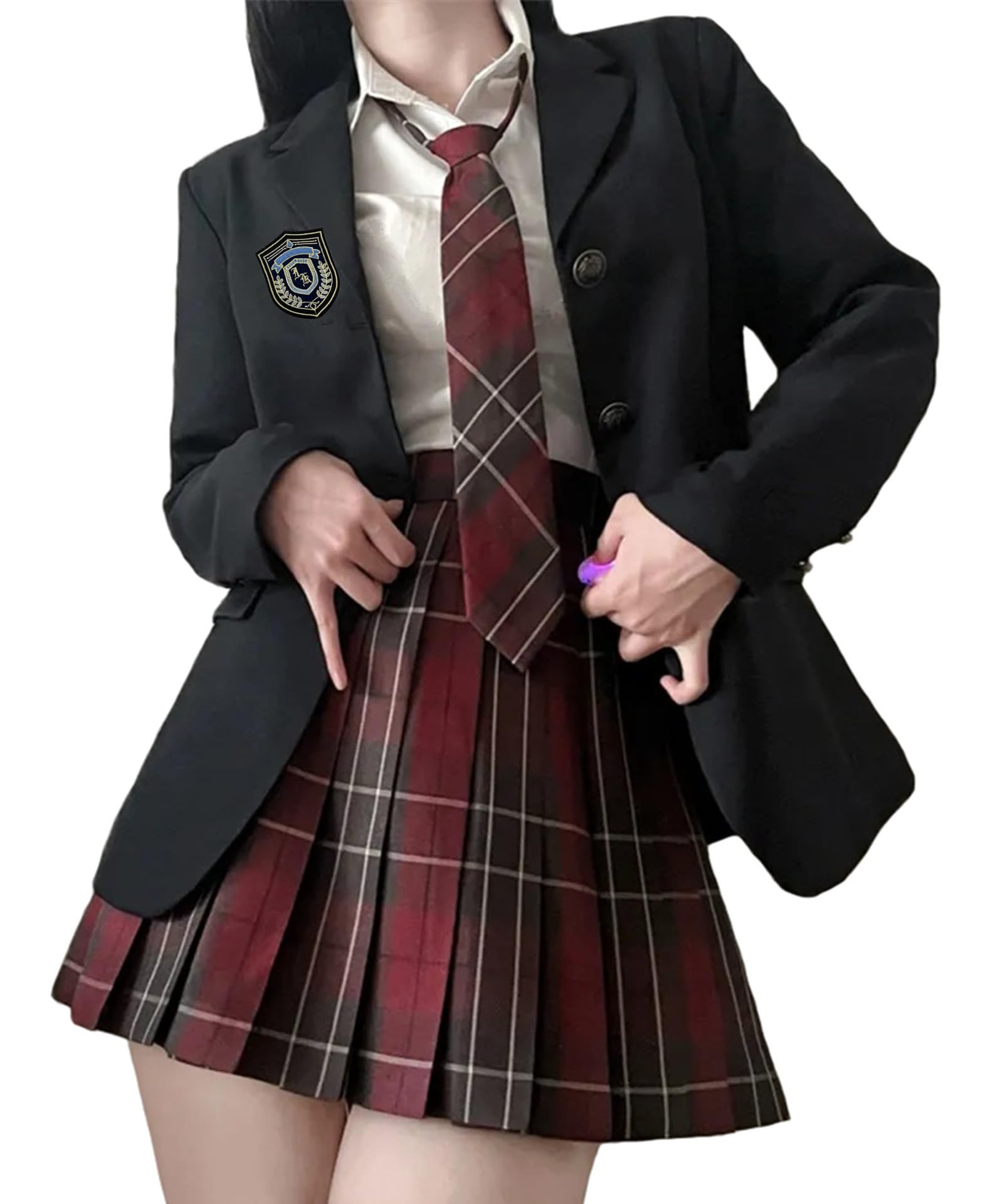 

[Sivrusn] High School Girl Cosplay Uniform Blazer Pleated Skirt Check Tie Shirt Badge Fake School Uniform Set High School Girl Cosplay JK Uniform