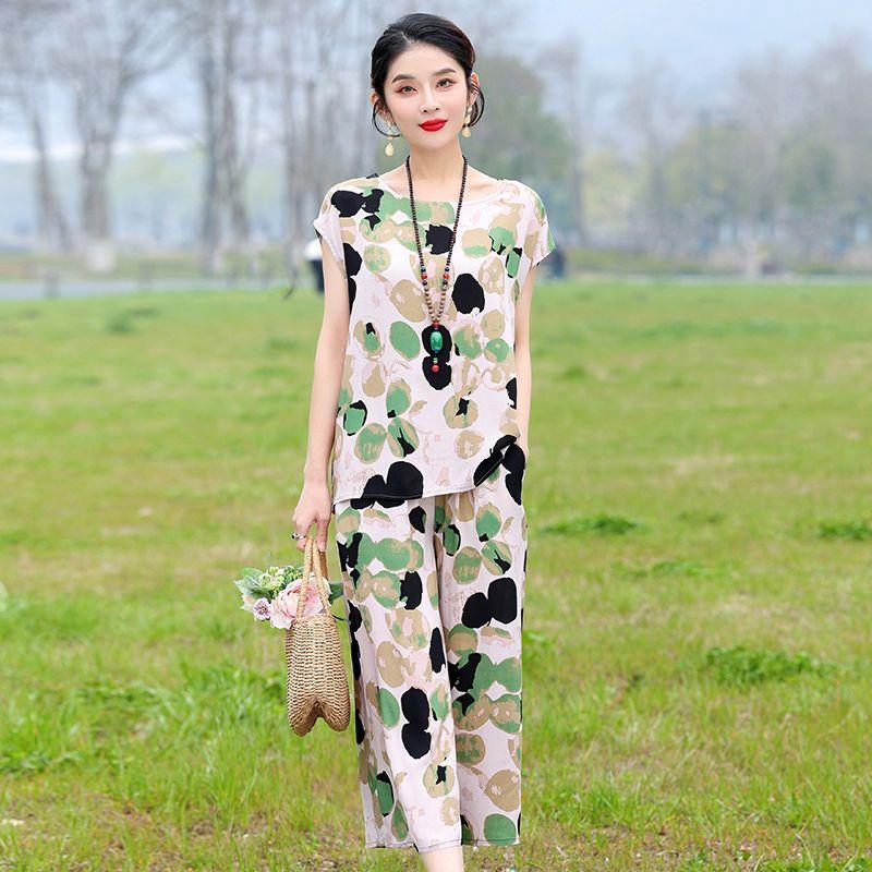 Cotton Silk Two Piece Set Womens Summer Outfit Loose Short Sleeve T-shirt and Pants Casual Trendy Plus Size