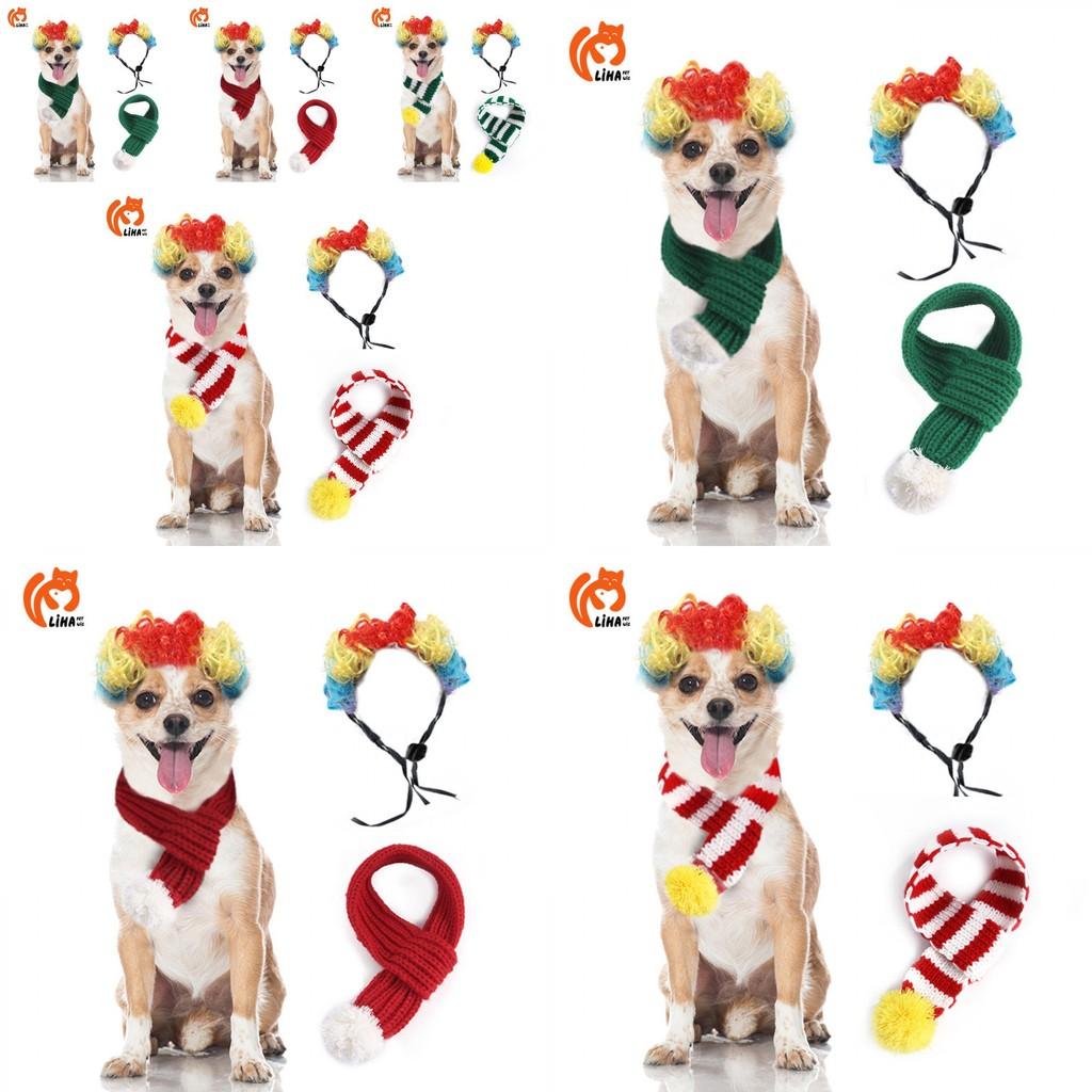 Festive Knitted Christmas Scarf For Pets Featuring Colorful Cartoonish Wig Design For Dogs