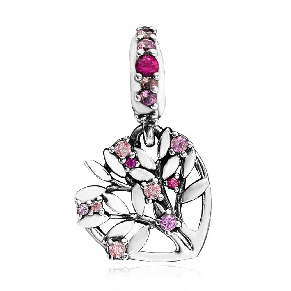 PAndora 799153c01 Pink Heart Family Tree Pendant And Dangle Silver Charm