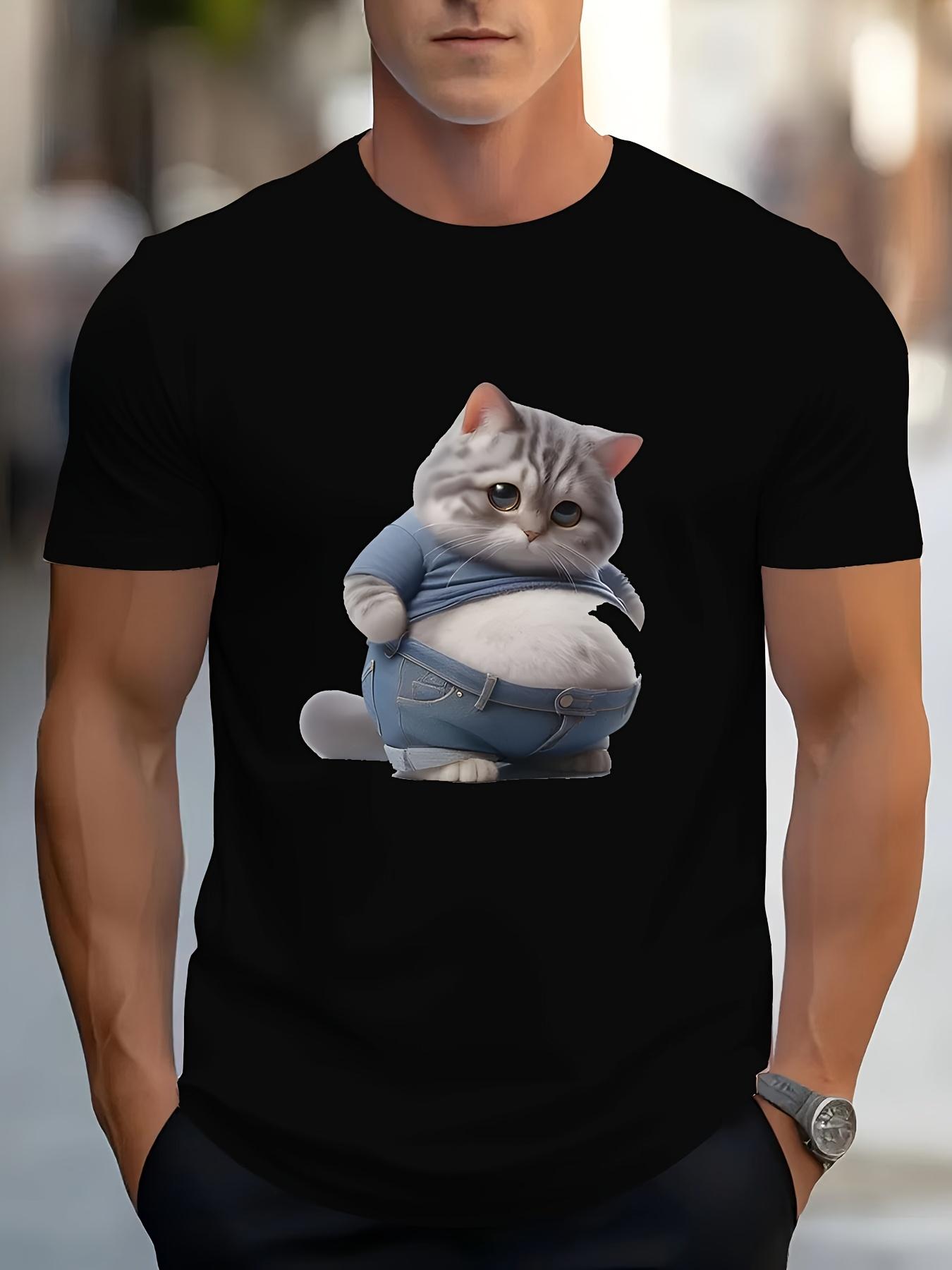 Playful Cat Graphic T-shirt - Casual Short Sleeve Crew Neck L