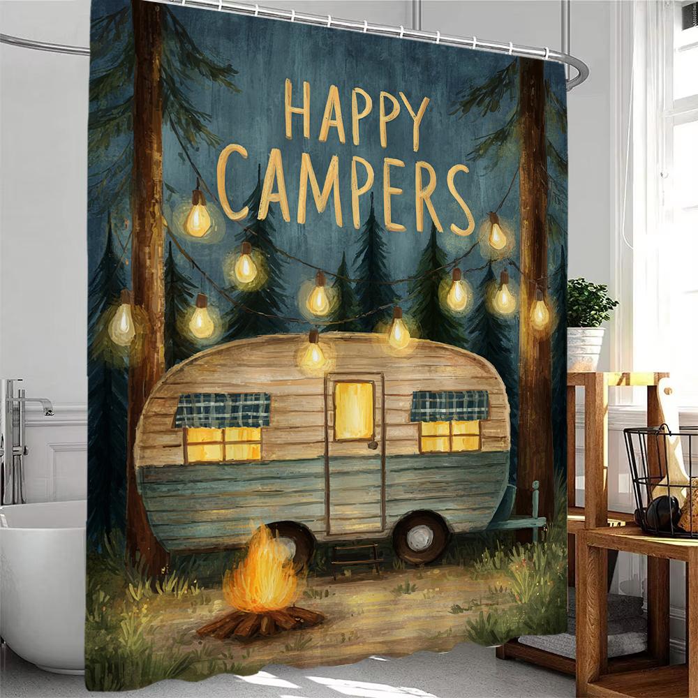 Happy Campers In Cartoon Forest Print Shower Curtain Bathroom Decoration Curtain,Hanging Curtain With Hooks Machine Washable
