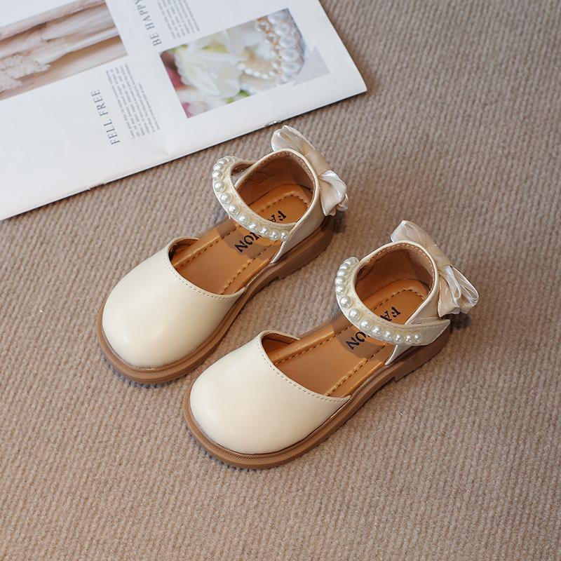 Girls Half Sandals 2024 Spring Summer Children Flat Shoes with Bow-knot on The Back Princess Sweet Soft Pearls Beads Sandals New