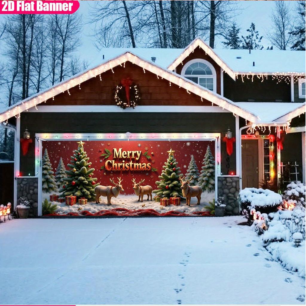 2D Door Banner 1 ASOONYUM Large Self Luminous Christmas Garage Door Banner with 2D Flat Fabric Winter Scene