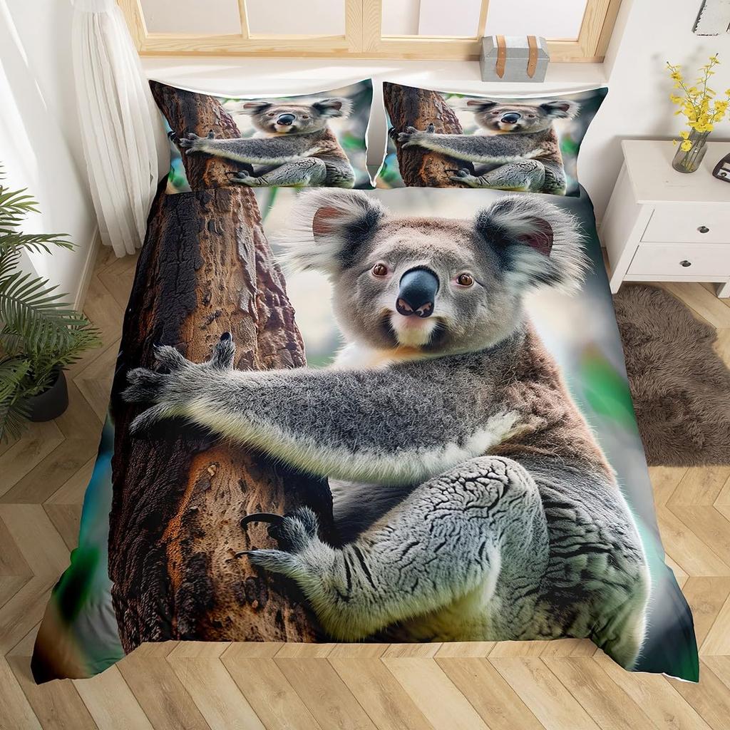 Koala Duvet Cover Twin Double Cute Animal Comforter Cover Kids Girls Bedroom Decor Theme Bedding Set Safari Wild Quilt Cover