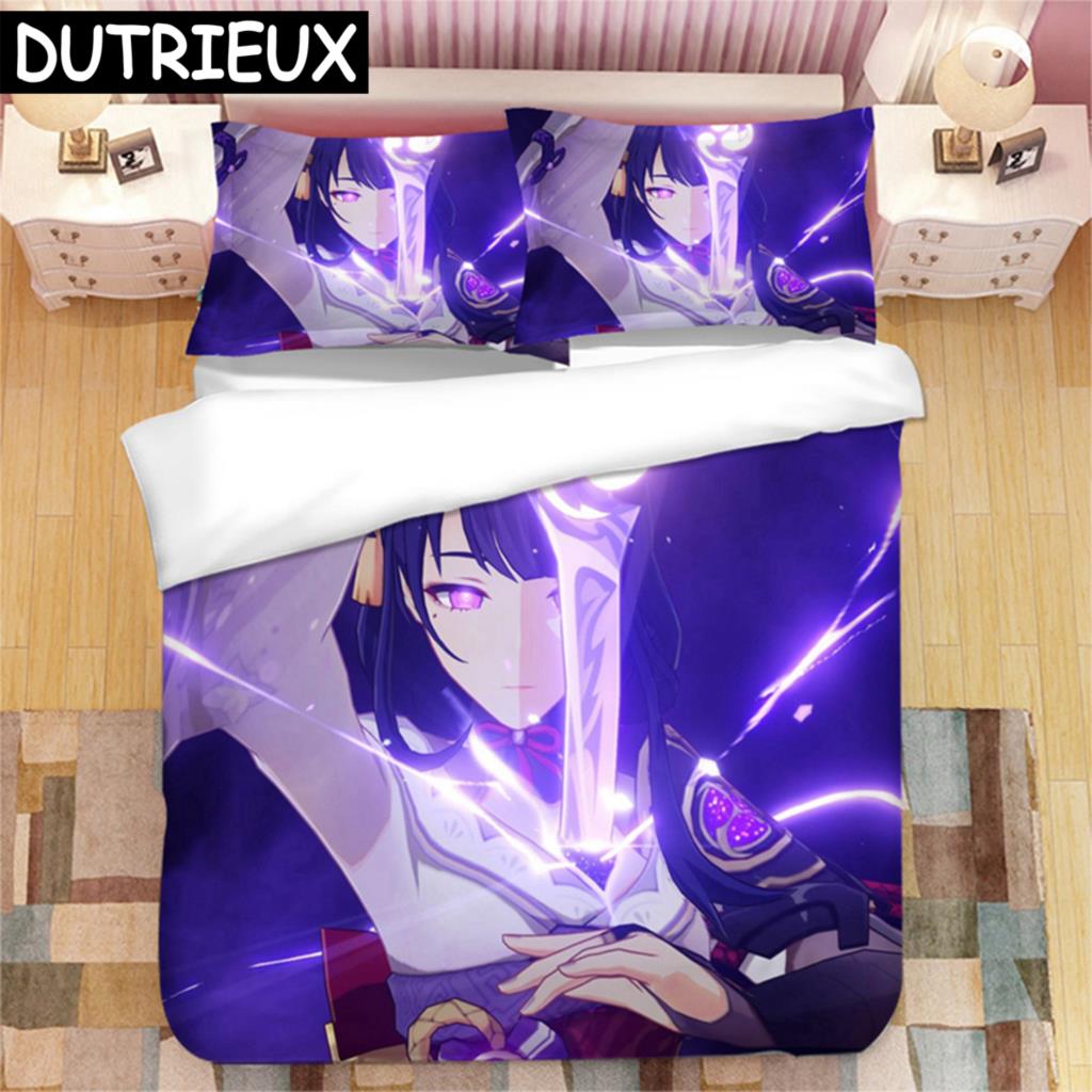 Genshin Impact Raiden Shogun 3D Printed Bedding Set Duvet Covers Pillowcases Comforter Bedding Set Bedclothes Duvet Cover