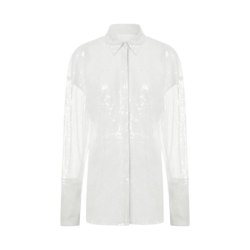 2023 Women's Sparkle Sequin Tops Shimmer Glitter Loose Party Shirt Button Down V Neck Blouse Clubwear Y2K Streetweatr