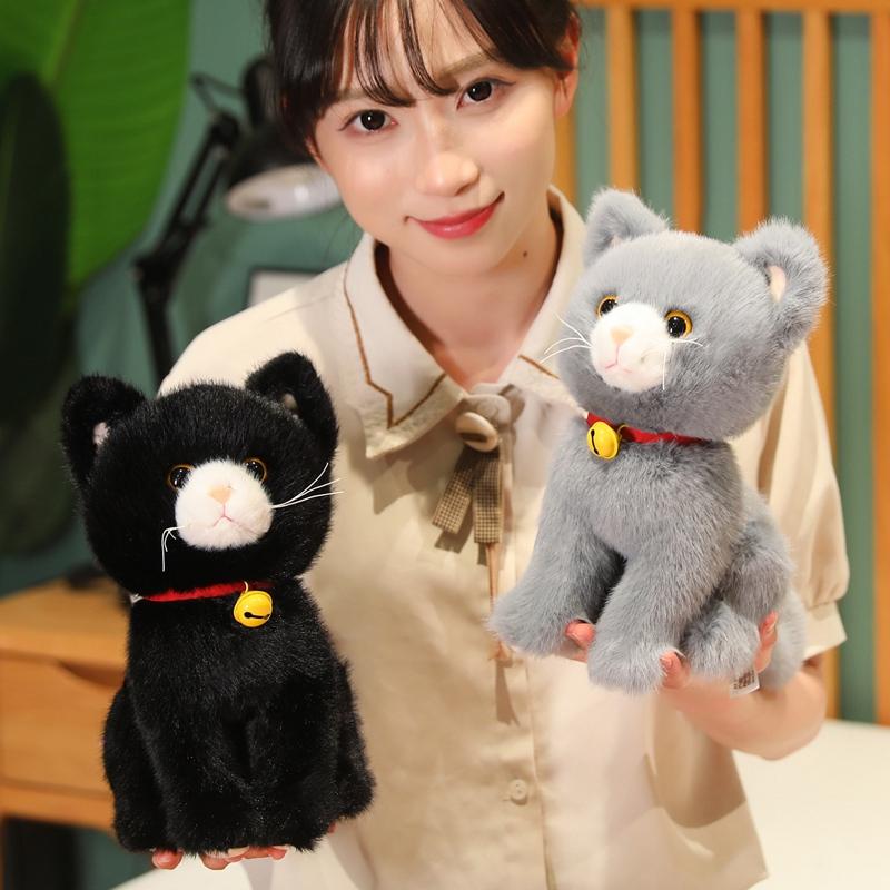 27cm Cartoon Black and Gray Cat Wear Collar Bell Plush Toy Stuffed Animal Dolls Children Toys Gifts Halloween Gifts Toys for Kid