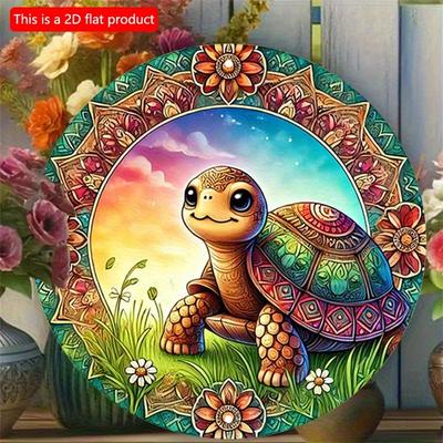 2D Flat 20*20cm1pc Whimsical Turtle Vibrant Ocean Theme Vintage Round Wall Art Plaque, Wooden Sign with Colorful Mandala Background, Great for Family