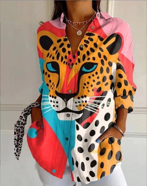 

Spring And Summer Long Sleeved Shirt V-neck Versatile Printed Women s Top XL рожевий