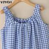 VONDA Women Summer Bow Strap Sleeveless Plaid Print Casual Ruffled Tank Tops