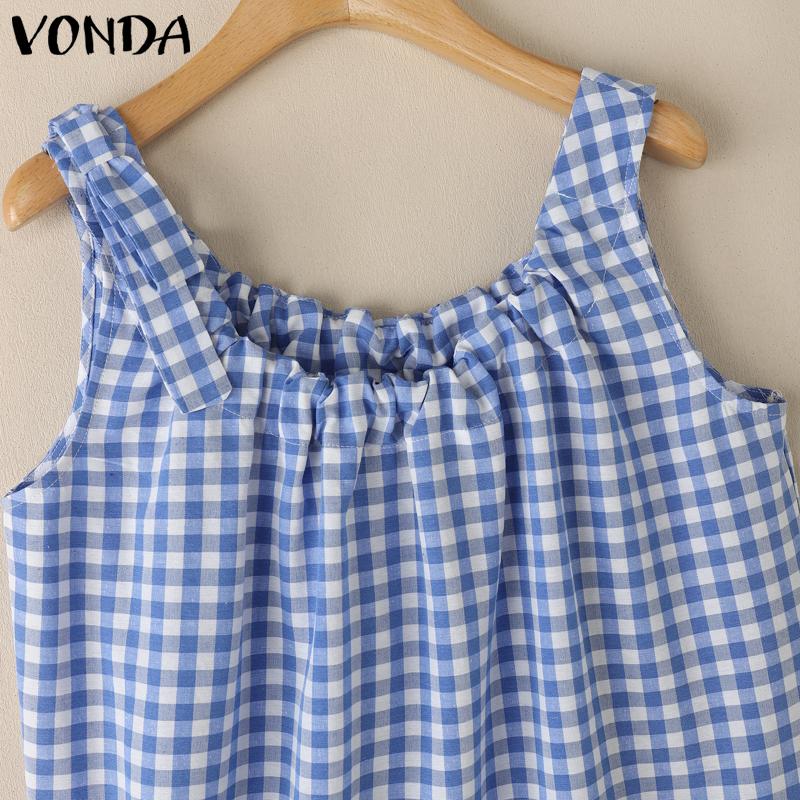 VONDA Women Summer Bow Strap Sleeveless Plaid Print Casual Ruffled Tank Tops