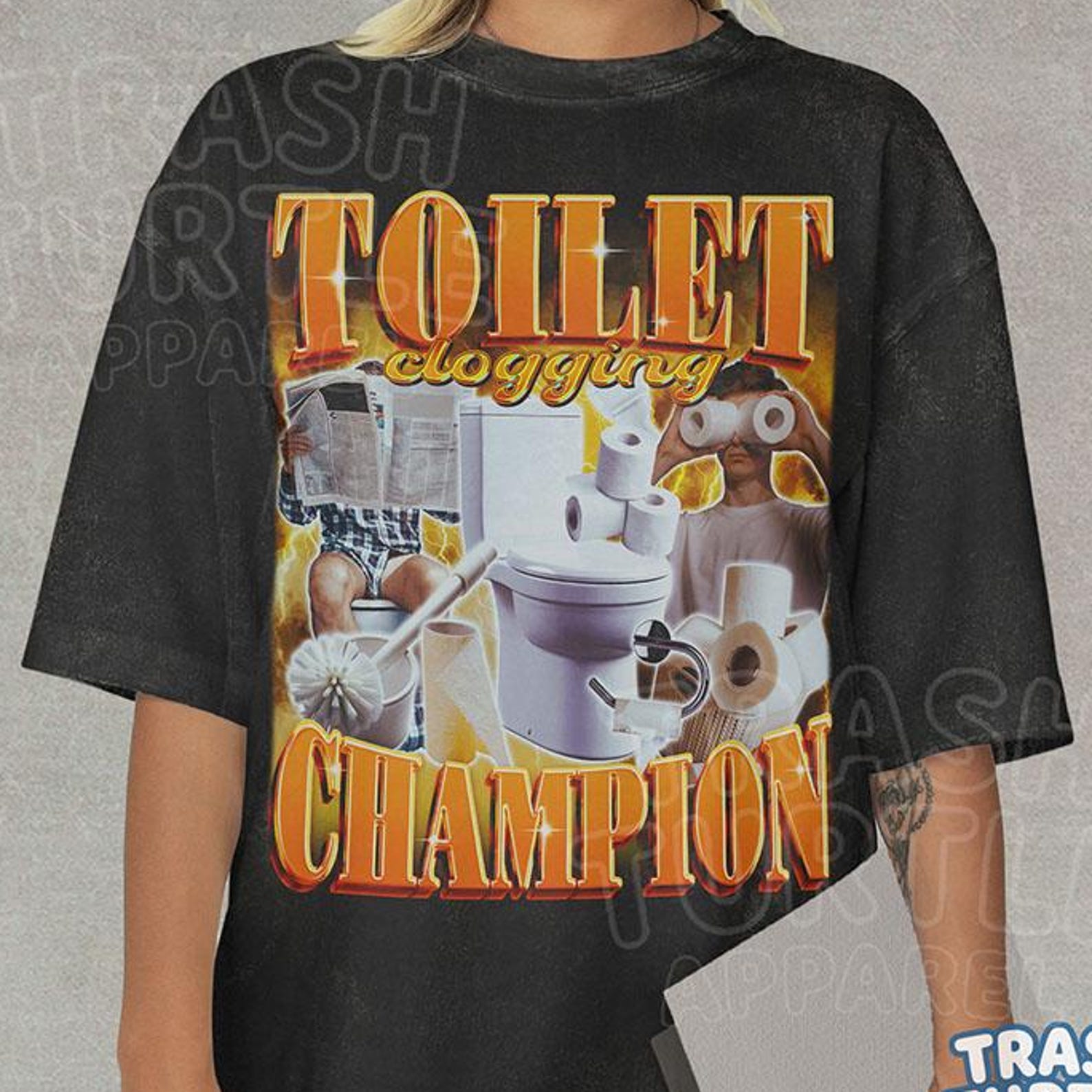 Toilet Clogging Champion Shirt, Funny Toilet Lover Tshirt, Meme Joke Bootleg T-shirt, Quirky T-shirt, Unisex Graphic Tee XL
