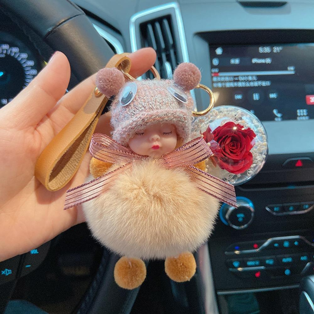 Pompom Fluffy Plush Doll Cute Flower Car Key Ring Keyholder Sleeping Baby Keychain  Jewelry Gift