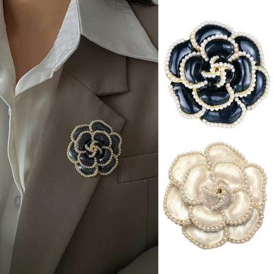 Faux Pearl Camellia Brooch Black White Flower Lapel Pin Sweater Cardigan Coat Business Suit Clothing Accessories Fashion Jewelry