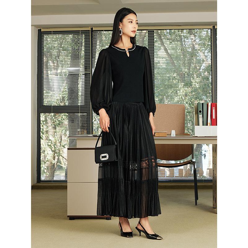 JZ Jiuzi Shopping Mall Same Elegant Light Mature Mesh Lace Splicing Folded Half Length Skirt for Women 2025 Spring New Style