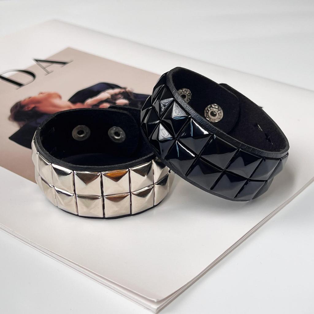 Men's Black & Silver Studded PU Leather Bracelet with Round Corners - Cross-Border Punk Style