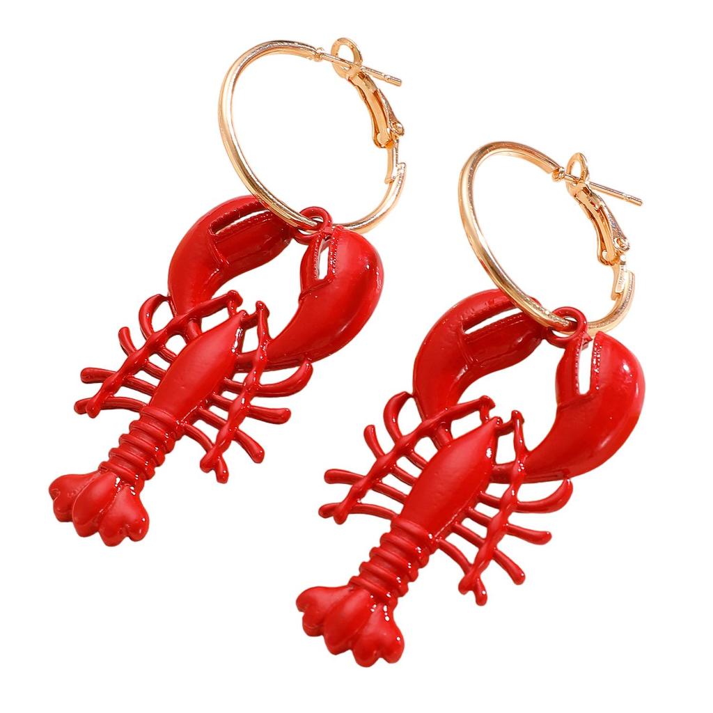 European & American Beach Resort Alloy Drip Oil Red Lobster & Blue Crab Earrings for Women