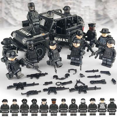 Military Suit Building Block Figure Black Swat Off-Road Vehicle Small Particles Assembled Toy Bag