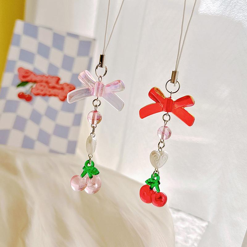 Cherry Tomato Pendant Keyring Sweet Keychain Backpack Decoration Bowknot Keyholder Phone Chain Jewelry Ornament Accessories