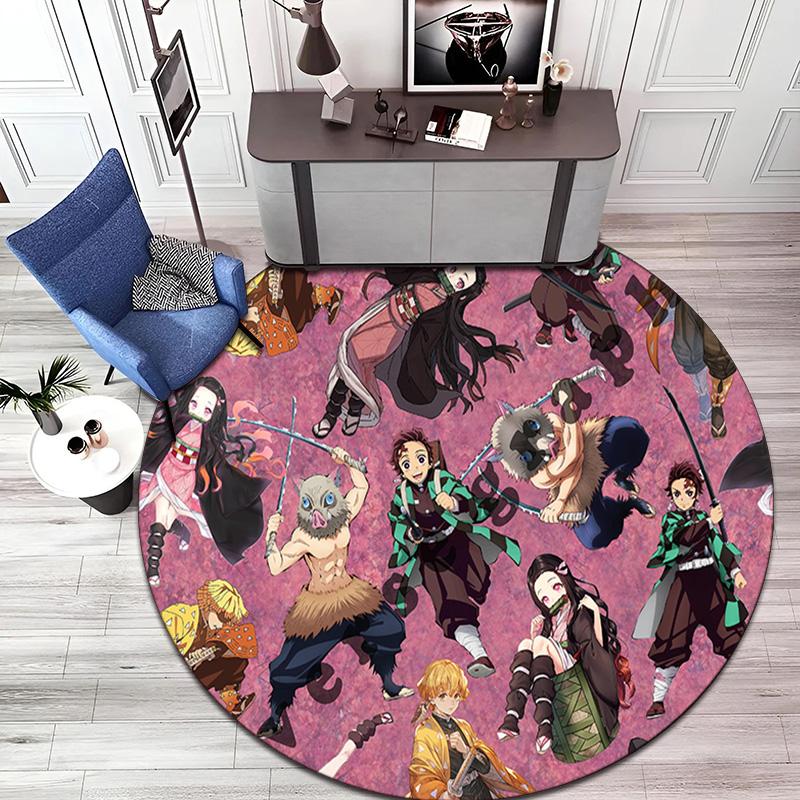 Classic Japanese-style Cartoon Demon Slayer Round Rug, Home Soft Decorative Anti-slip Yoga Mat and Chair Mat, Outdoor Floor Mat Carpet K24