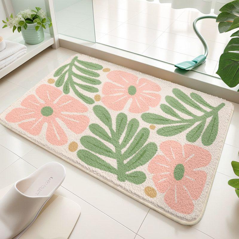 Floral Leaves Green Bath Mat Botanical Bathroom Rug Non Slip Absorbent Floor Mat For Shower Tub Bedroom Plant Lover Decor