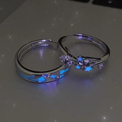 Lichtgevende Blauwgroene Licht Ster Ring Gloeit in het Donker Fluorescerende Hart Ring Dames Heren Koppel Vingerringen Sieraden Verstelbaar