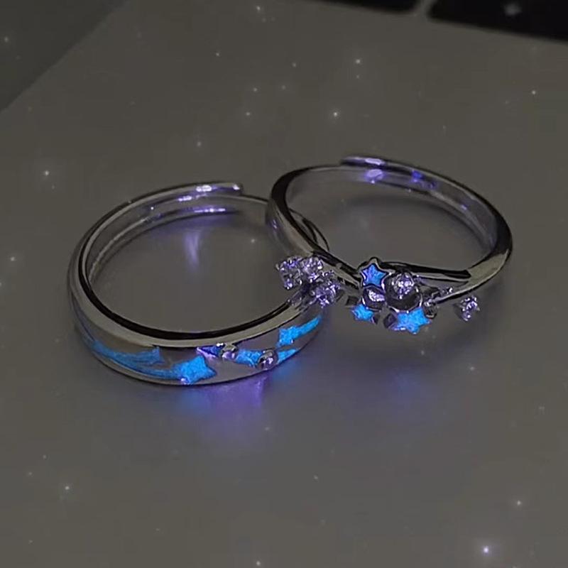 Glow In Dark Blue Green Light Star Ring Fluorescent Heart Ring For Women Men Couples Finger Rings Luminous Jewelry Adjustable