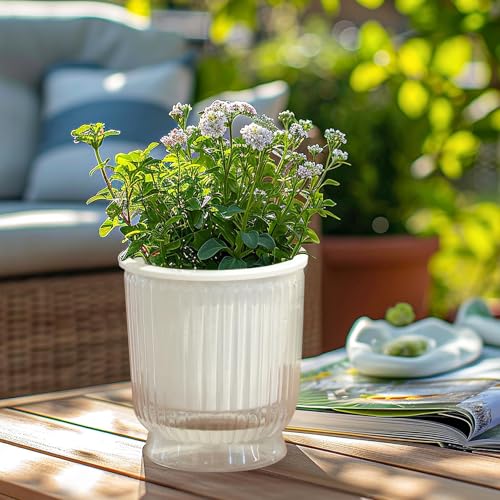 T4U 10CM Self-Watering Planter, Plastic Flower Pot, Set of 4, for Houseplants, Stylish, Self-Watering, with Watering Tie, for Outdoor and Indoor Use,