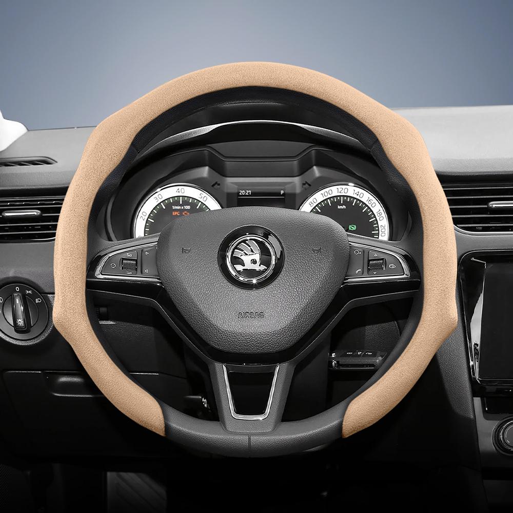 Suitable for Skoda Premium Suede Snap-On Steering Wheel Cover, Non-Slip and Durable, Round and D-Shaped Steering Wheel Available for Octavia 
