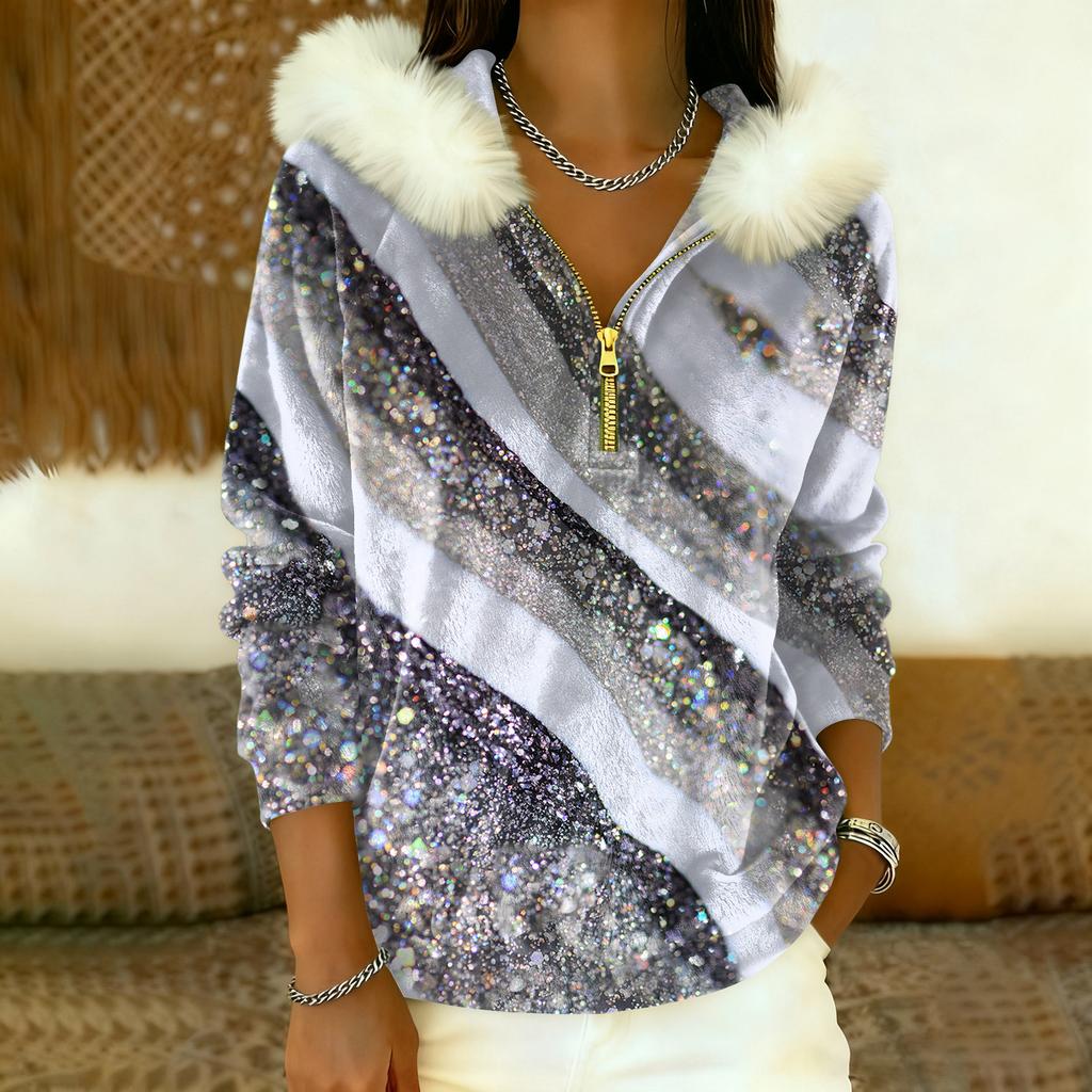 Women's Loose And Comfortable Casual Fashion Half-Zip Hooded Long Sleeve Conventional Printing Top