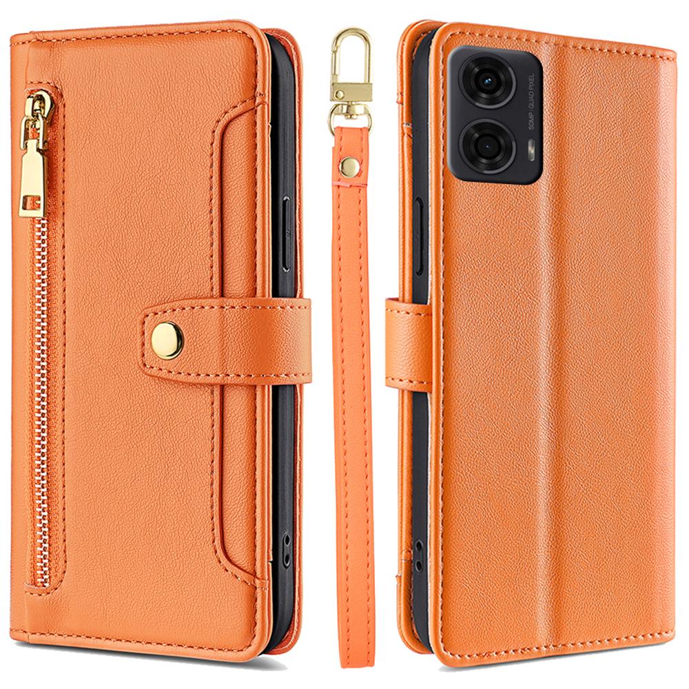 For Motorola Moto E14 4G/G04 4G/G04s 4G/G24 4G Leather Case Zipper Wallet Phone Cover with Shoulder Strap