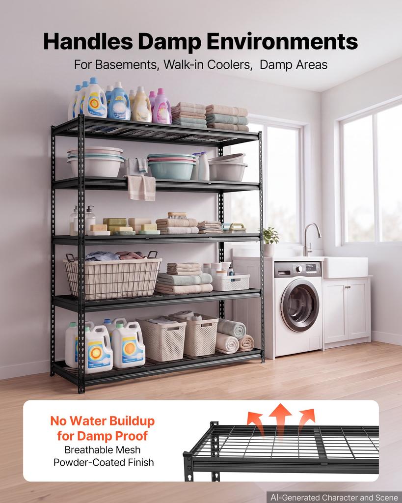 VEVOR Storage Shelves, 5-Tier 1361 kg Garage Shelving 153 x 61.2 x 181.3 cm, for Garage, Basement, Warehouse, Workshop