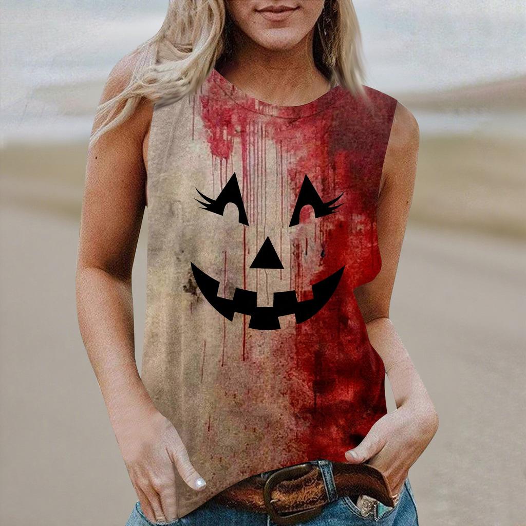 Dame Rund Hals Casual Ermeløs Halloween Trykket Vest T-skjorte Topp