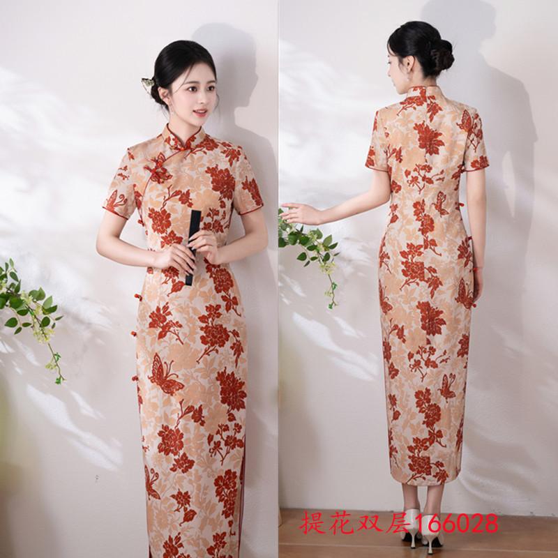 Ai Qi embroidery spring and summer new jacquard double-layer long cheongsam gentle retro Republic of China style simple and elegant slim cheongsam
