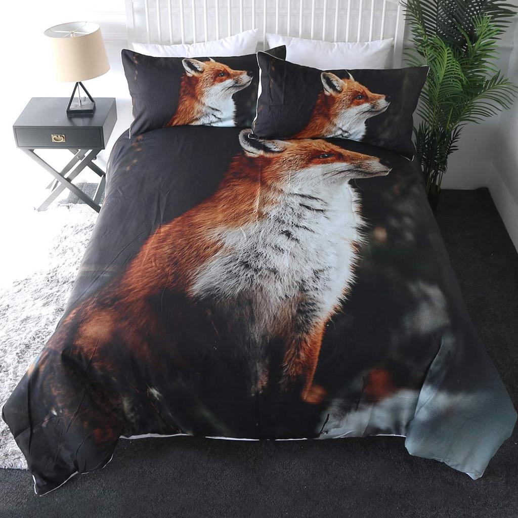 Cartoon Fox Duvet Cover King Size,Baby Fox Sleeping In A Floral Circle Image Print Bedding Set Kids Animal Quilt Cover