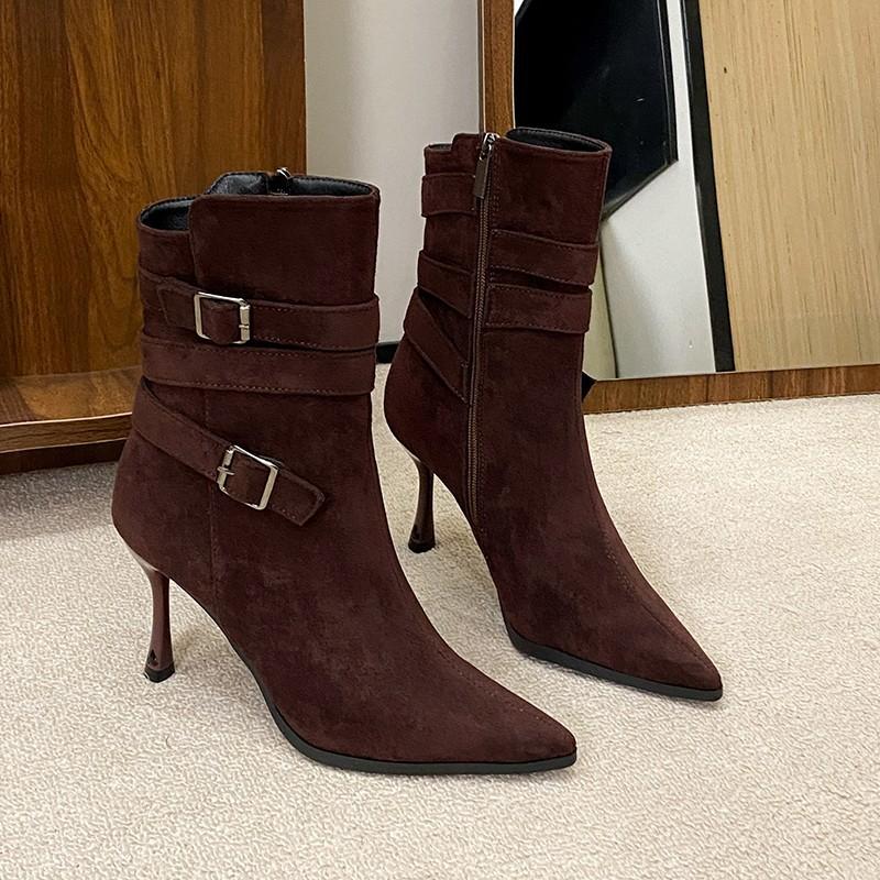 2025 new autumn and winter suede pointed thin heel Martin boots women's high heel side zipper belt buckle retro fashion short boots