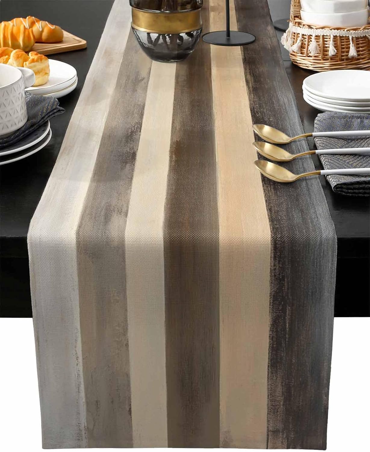 Abstract Brown Stripe Linen Table Runner Holiday Home Party Decor Geometric Wood Grain Table Runners Kitchen Dining Table Decor 150x33cm