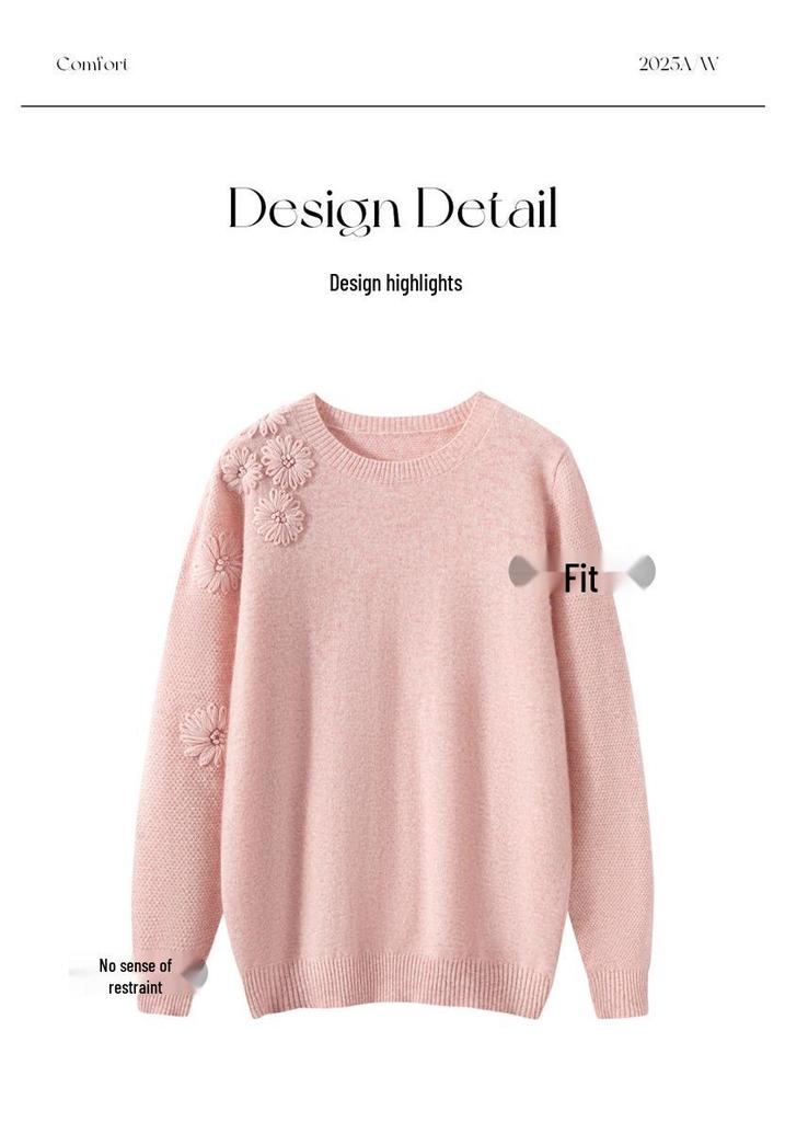 Women's Floral Embroidered Cashmere Sweater – Round Neck, Long Sleeve, Autumn/Winter 2025 Style